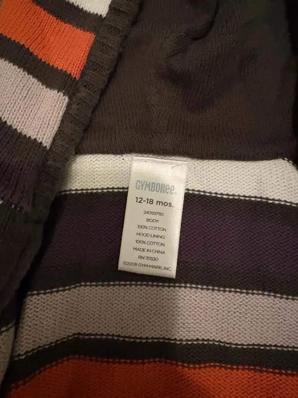 Gymboree 12-18 Months Boys Orange Grey White Striped Full Zip Knit Hooded Sweate